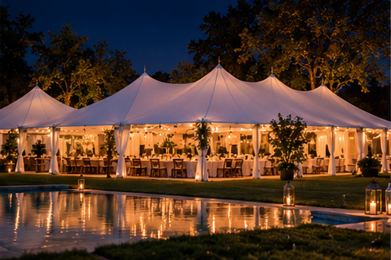 Multi-peak party tent lighted at night beside a lawn and pool.