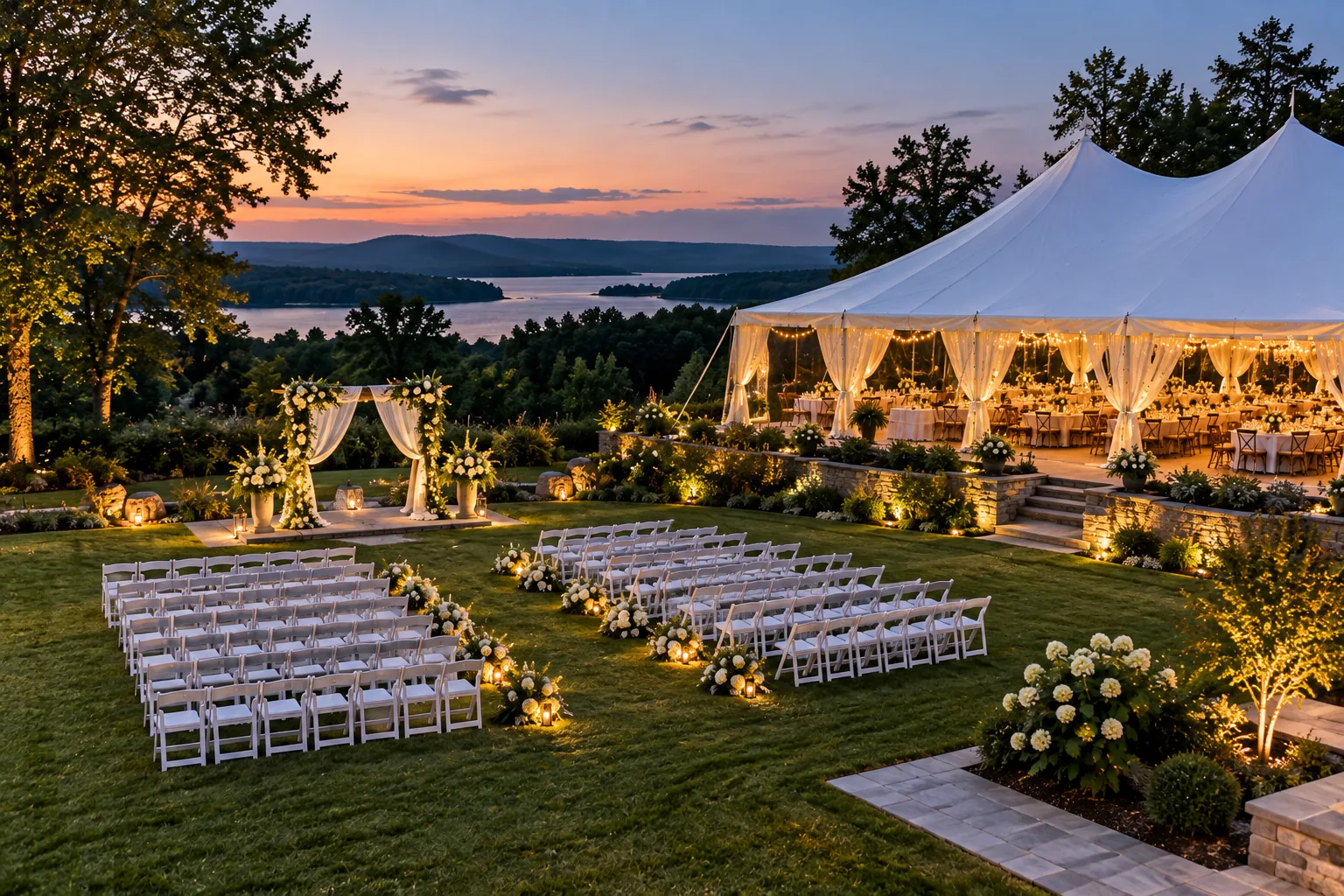 Outdoor ceremony seating arranged near a white event tent.