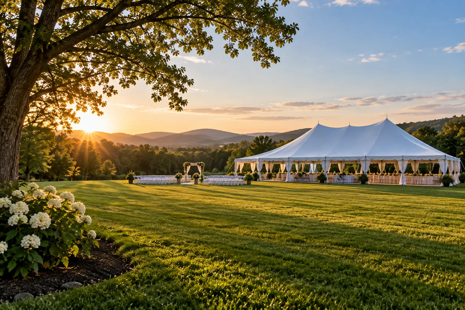 White event tent on a broad lawn surrounded by mature trees.
