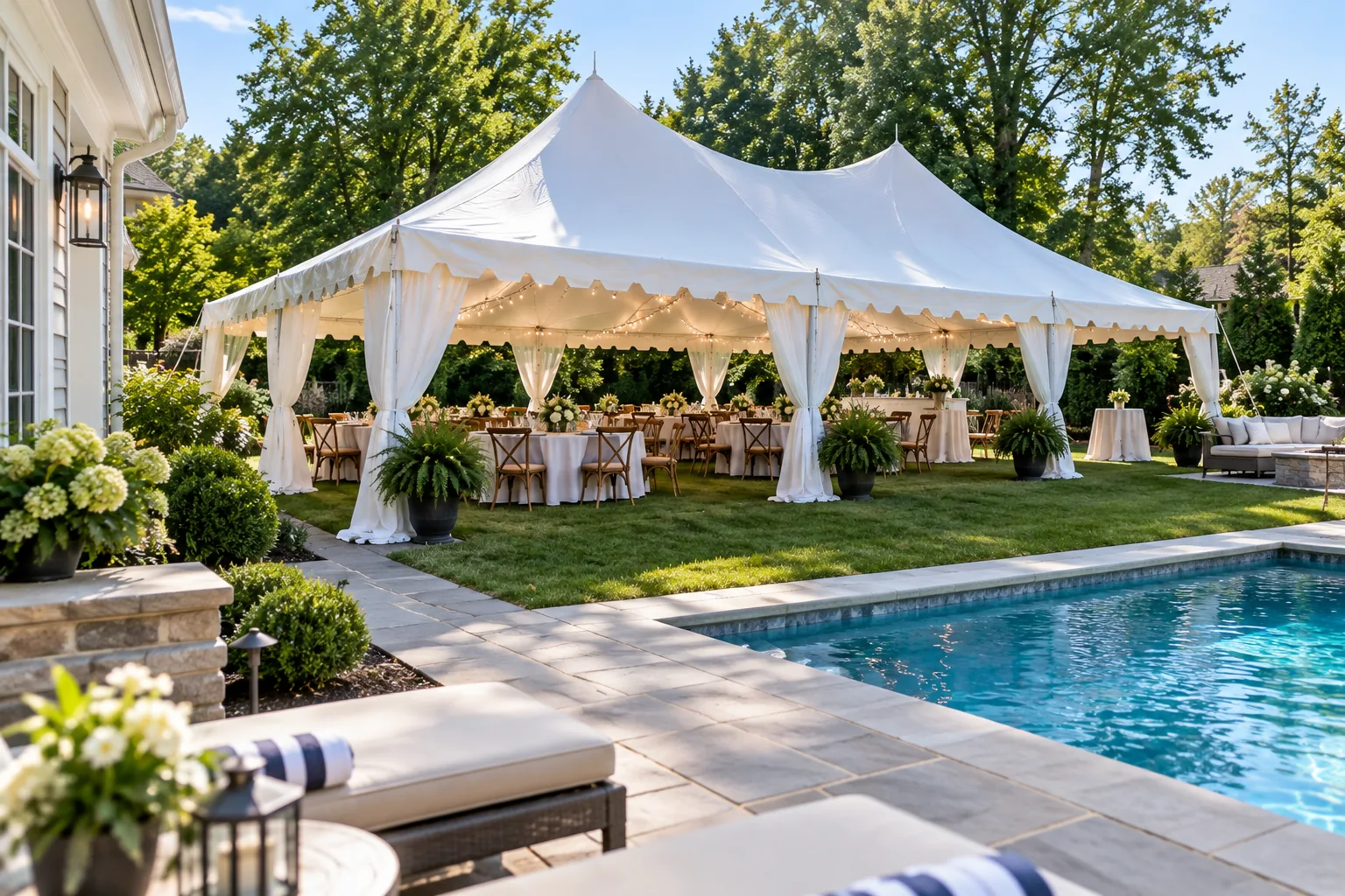 White event tent set up on a residential lawn.