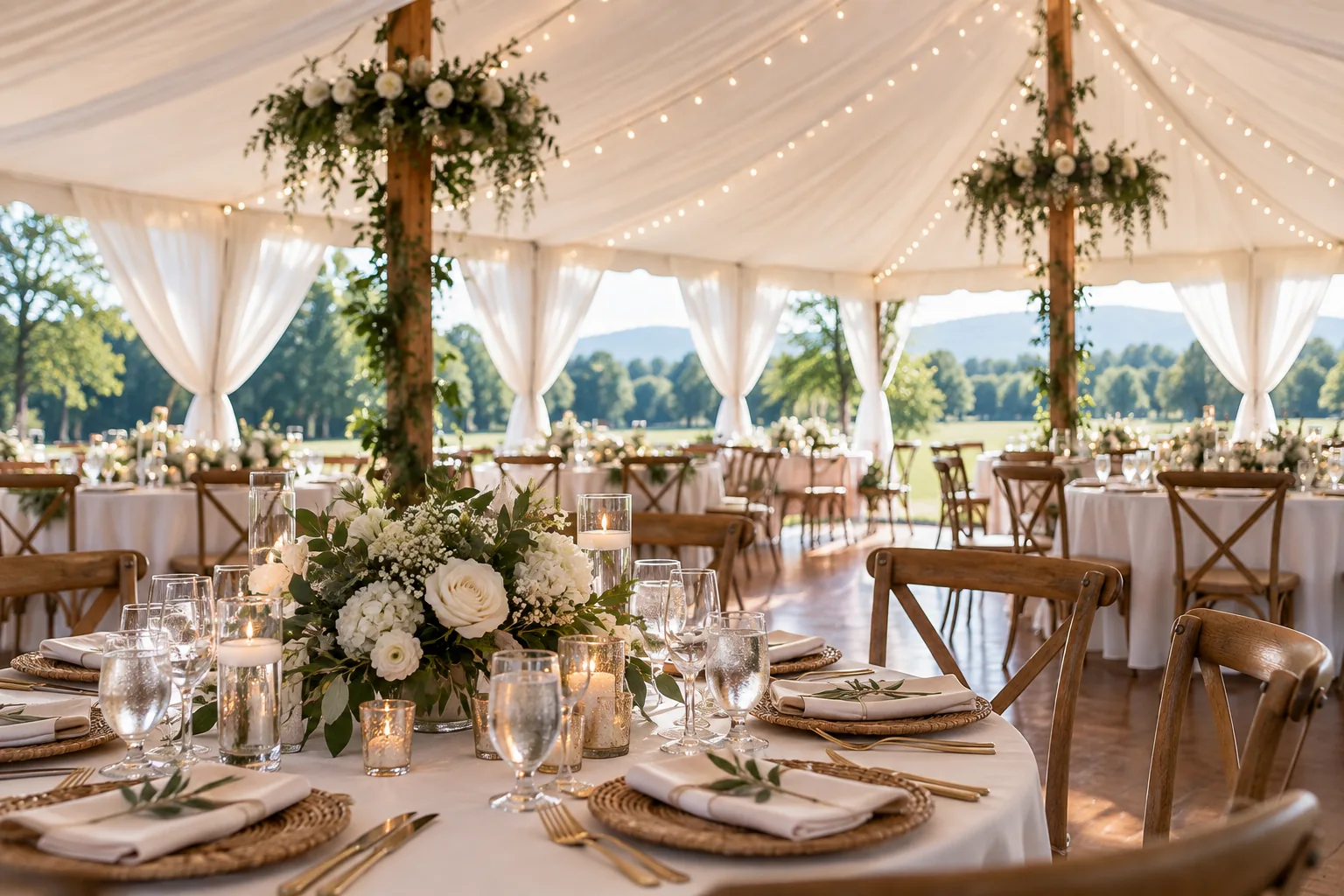 Tables and event details arranged beneath a white tent.