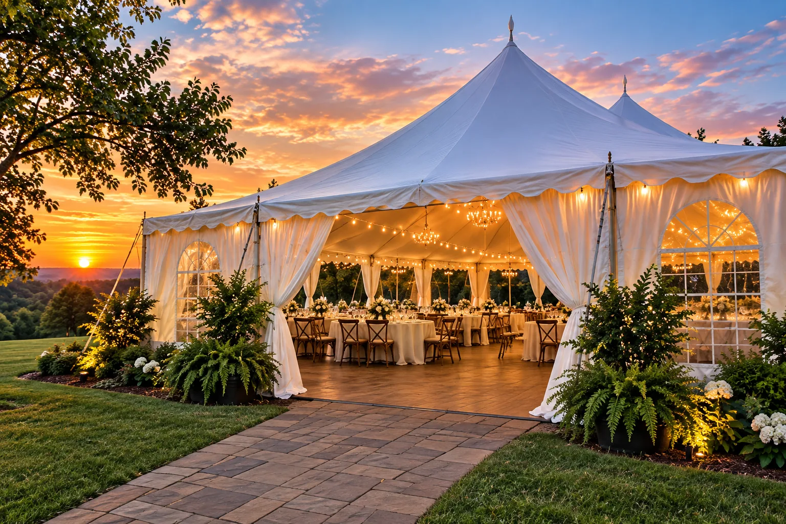 Wedding reception tables beneath a white event tent.