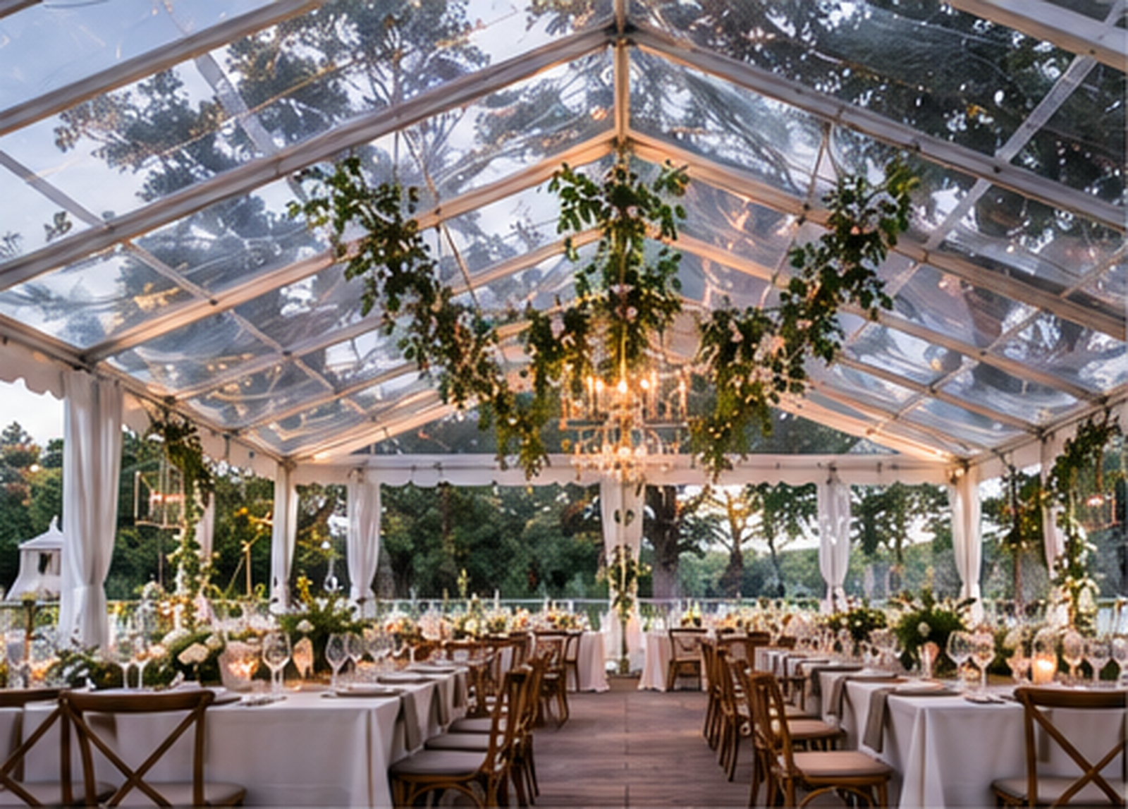 Clear-top wedding tent set with dinner tables, greenery and a chandelier.